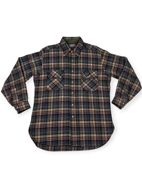 Vintage Pendleton Plaid Flannel Board Shirt Men's Large Brown Blue USA 60s 70s